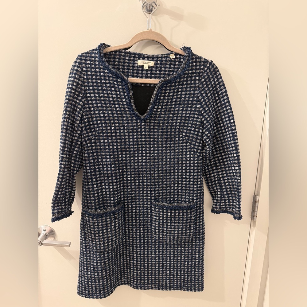 Max Studio Navy and White Tweed-Look Knit dress